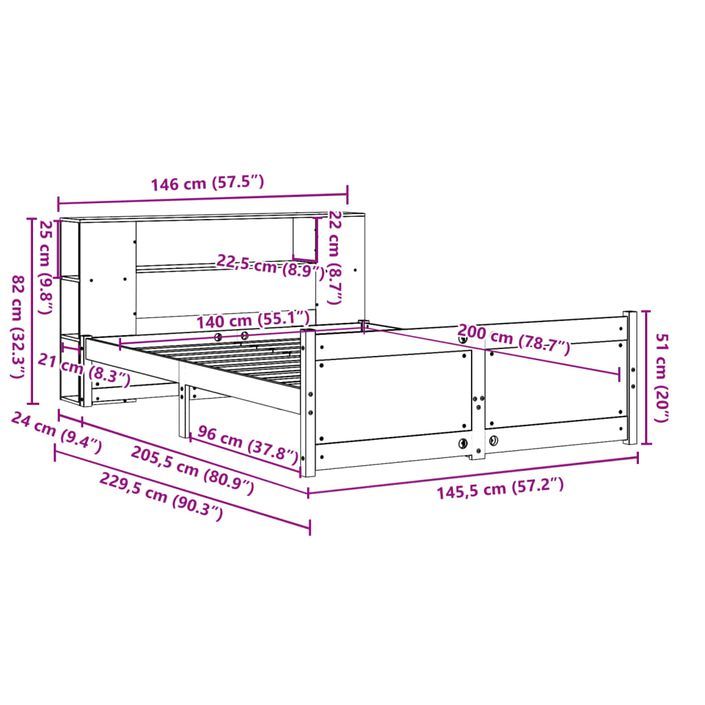 Lit bibliothèque sans matelas 140x200 cm bois massif de pin - Photo n°11