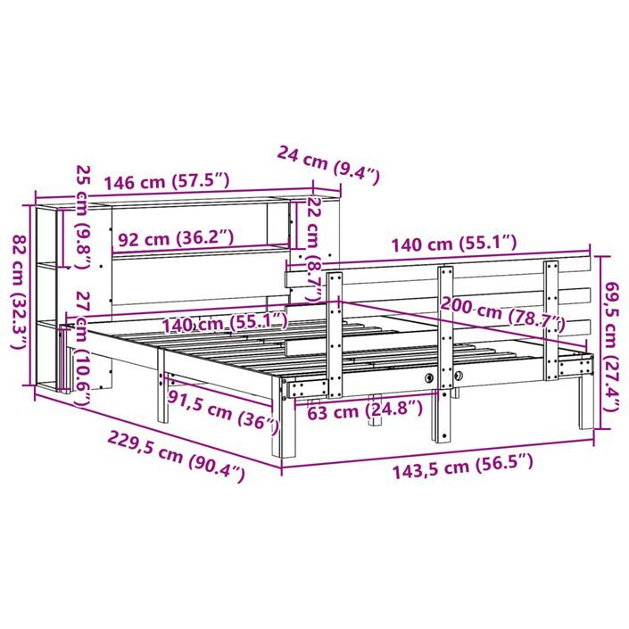 Lit bibliothèque sans matelas 140x200 cm bois massif de pin - Photo n°11