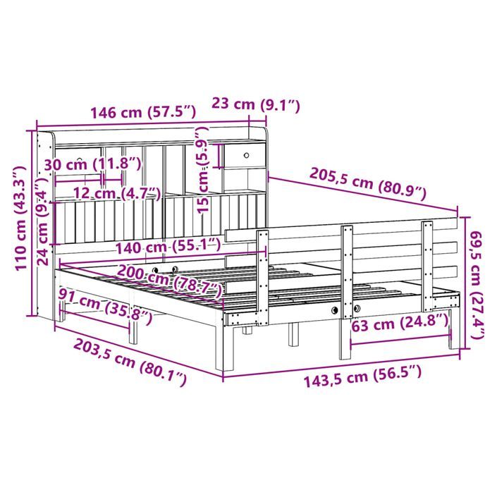 Lit bibliothèque sans matelas 140x200 cm bois massif de pin - Photo n°11