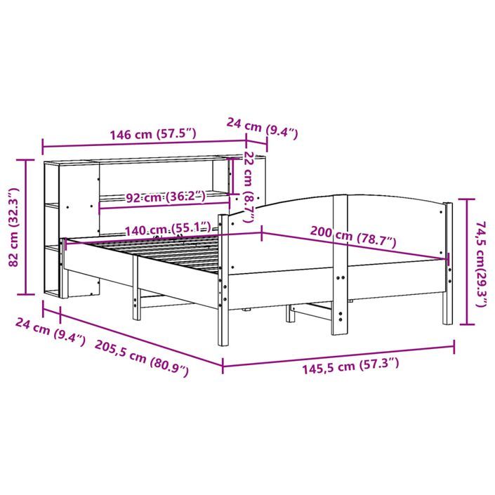 Lit bibliothèque sans matelas 140x200 cm bois massif de pin - Photo n°12