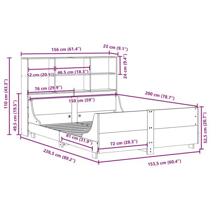 Lit bibliothèque sans matelas 150x200 cm bois massif - Photo n°12