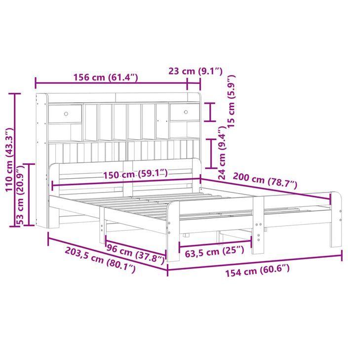 Lit bibliothèque sans matelas 150x200 cm bois massif de pin - Photo n°11