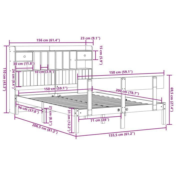 Lit bibliothèque sans matelas 150x200 cm bois massif de pin - Photo n°11