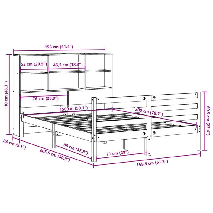 Lit bibliothèque sans matelas 150x200 cm bois massif de pin - Photo n°11