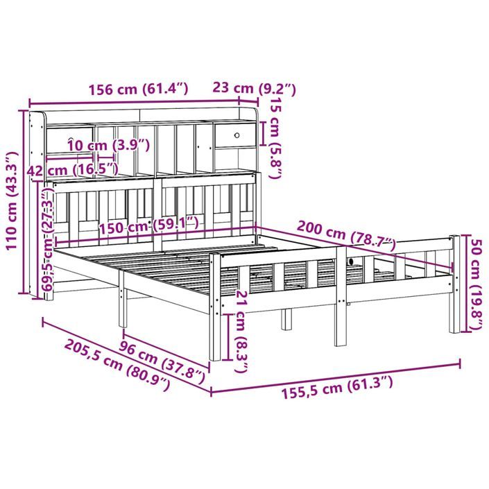 Lit bibliothèque sans matelas 150x200 cm bois massif de pin - Photo n°11