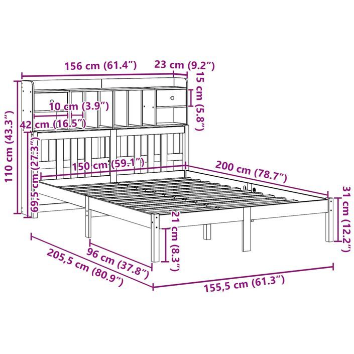 Lit bibliothèque sans matelas 150x200 cm bois massif de pin - Photo n°11