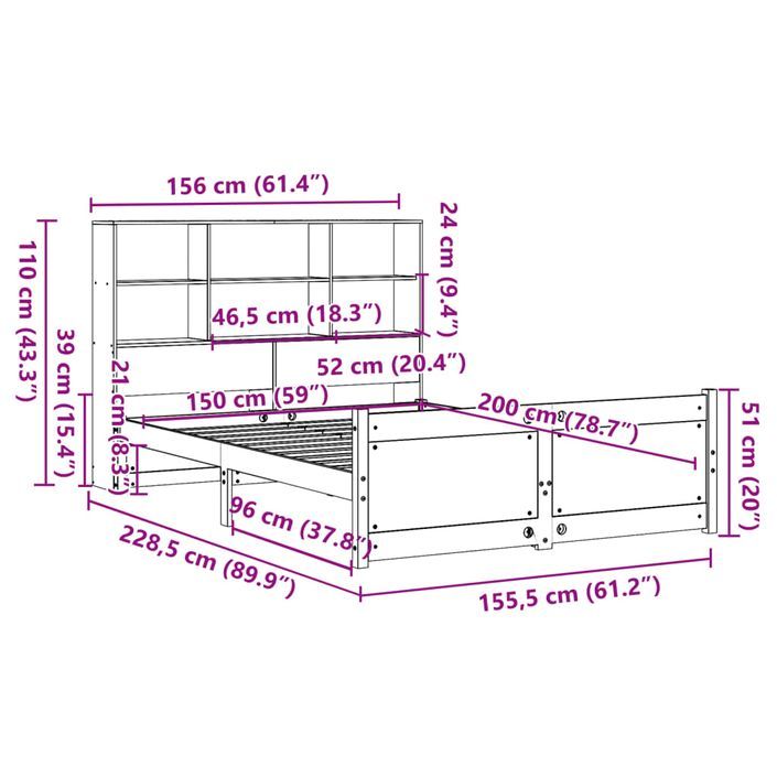 Lit bibliothèque sans matelas 150x200 cm bois massif de pin - Photo n°11