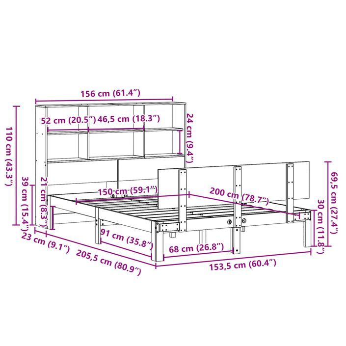 Lit bibliothèque sans matelas 150x200 cm bois massif de pin - Photo n°11