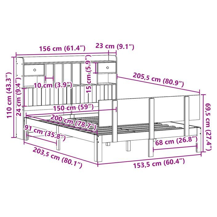 Lit bibliothèque sans matelas 150x200 cm bois massif de pin - Photo n°11