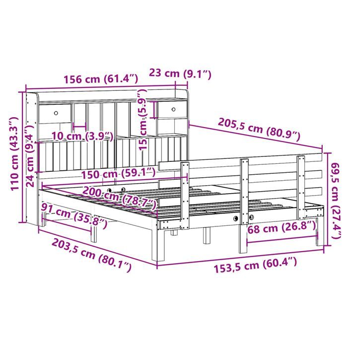 Lit bibliothèque sans matelas 150x200 cm bois massif de pin - Photo n°11