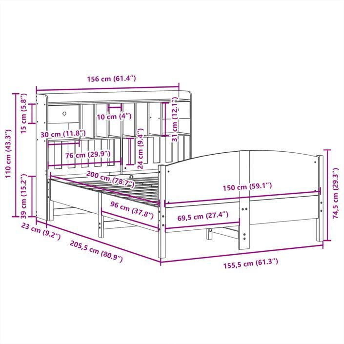 Lit bibliothèque sans matelas 150x200 cm bois massif de pin - Photo n°11