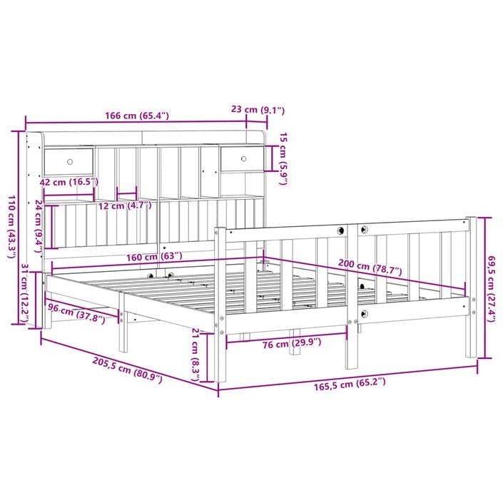 Lit bibliothèque sans matelas 160x200 cm bois massif de pin - Photo n°11