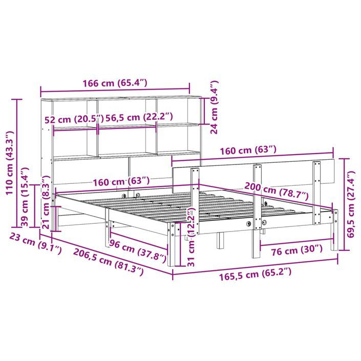 Lit bibliothèque sans matelas 160x200 cm bois massif de pin - Photo n°11