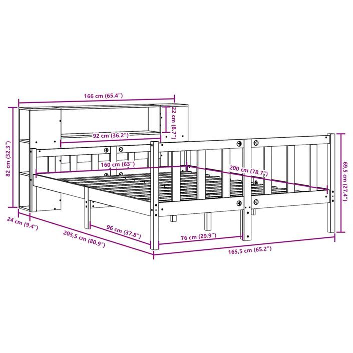 Lit bibliothèque sans matelas 160x200 cm bois massif de pin - Photo n°12