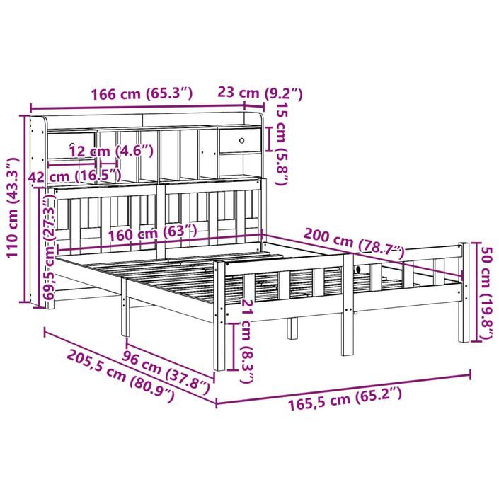 Lit bibliothèque sans matelas 160x200 cm bois massif de pin - Photo n°11