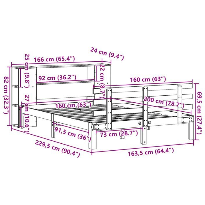 Lit bibliothèque sans matelas 160x200 cm bois massif de pin - Photo n°11