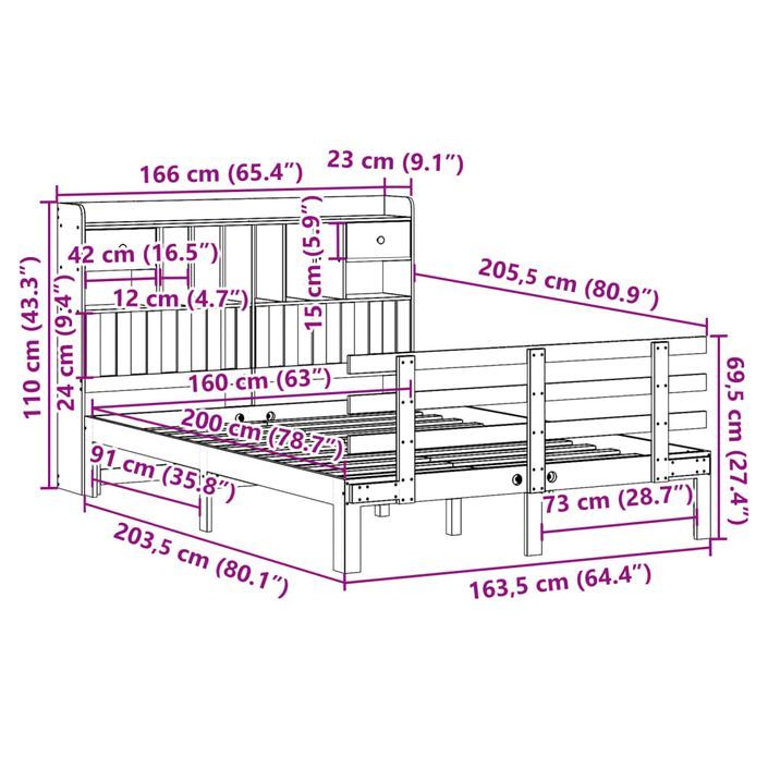 Lit bibliothèque sans matelas 160x200 cm bois massif de pin - Photo n°11