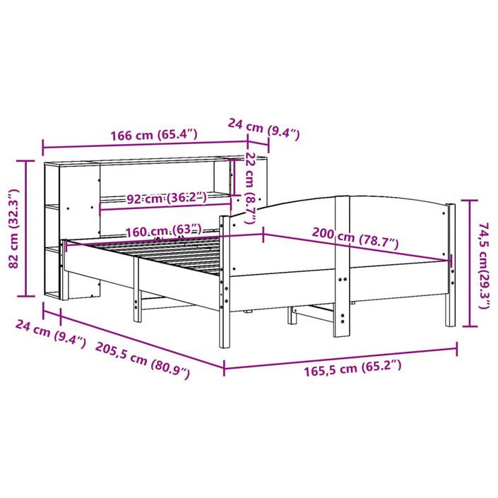 Lit bibliothèque sans matelas 160x200 cm bois massif de pin - Photo n°12