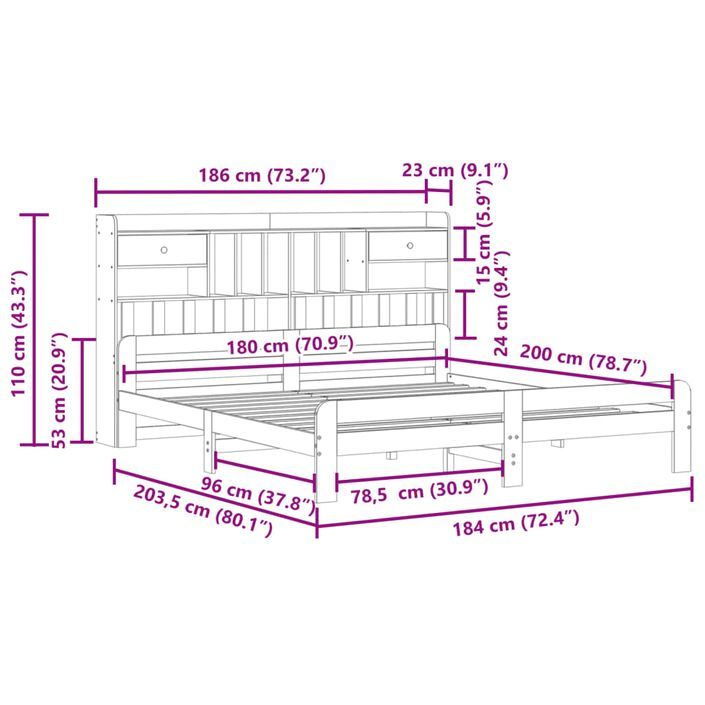 Lit bibliothèque sans matelas 180x200 cm bois massif de pin - Photo n°11