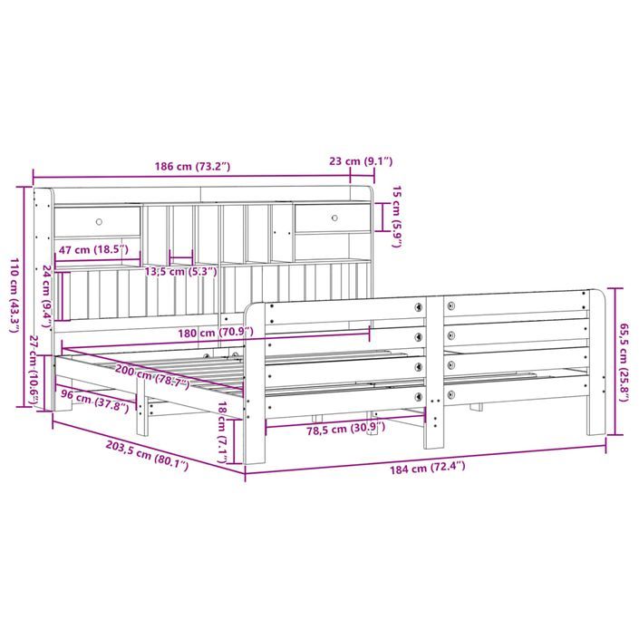 Lit bibliothèque sans matelas 180x200 cm bois massif de pin - Photo n°11