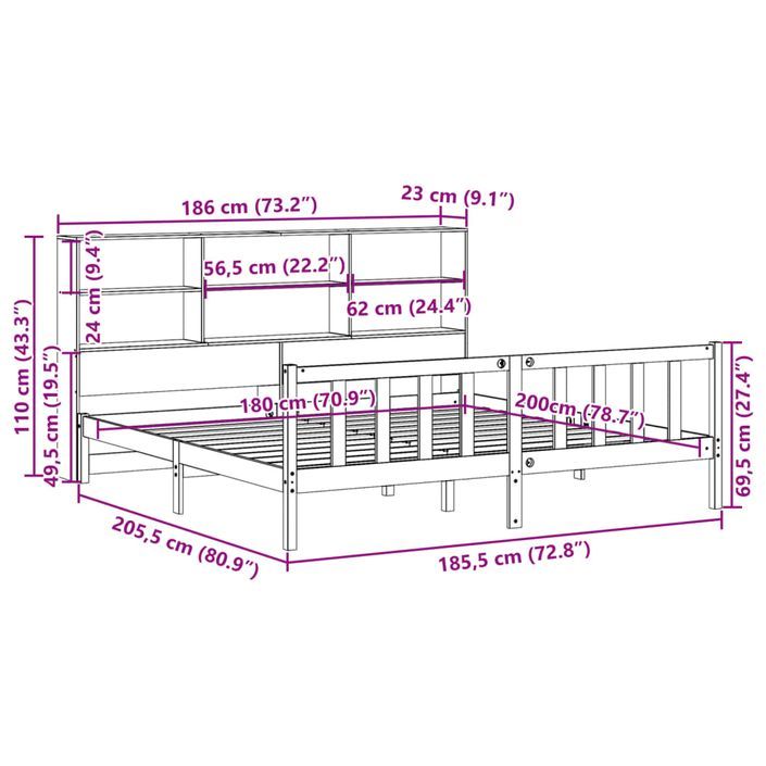 Lit bibliothèque sans matelas 180x200 cm bois massif de pin - Photo n°11