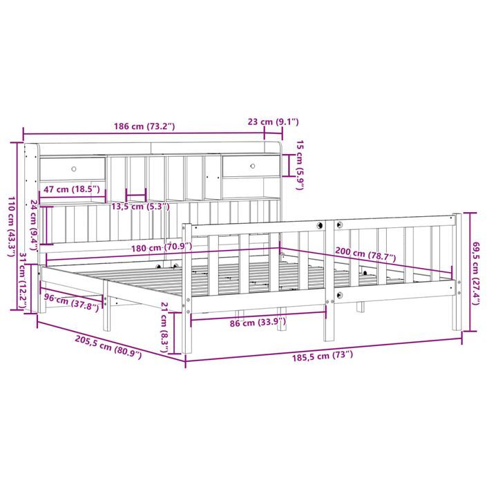 Lit bibliothèque sans matelas 180x200 cm bois massif de pin - Photo n°11