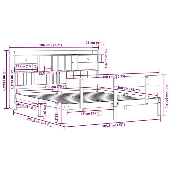 Lit bibliothèque sans matelas 180x200 cm bois massif de pin - Photo n°11