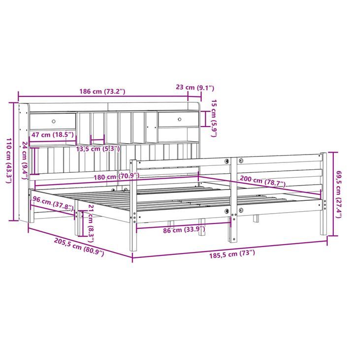 Lit bibliothèque sans matelas 180x200 cm bois massif de pin - Photo n°11