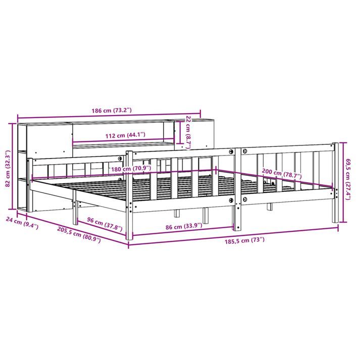 Lit bibliothèque sans matelas 180x200 cm bois massif de pin - Photo n°12