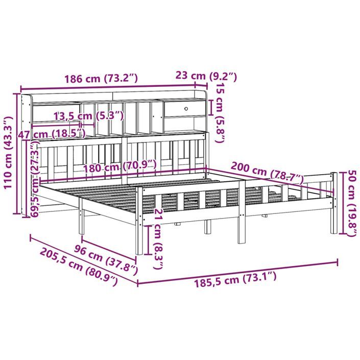 Lit bibliothèque sans matelas 180x200 cm bois massif de pin - Photo n°11