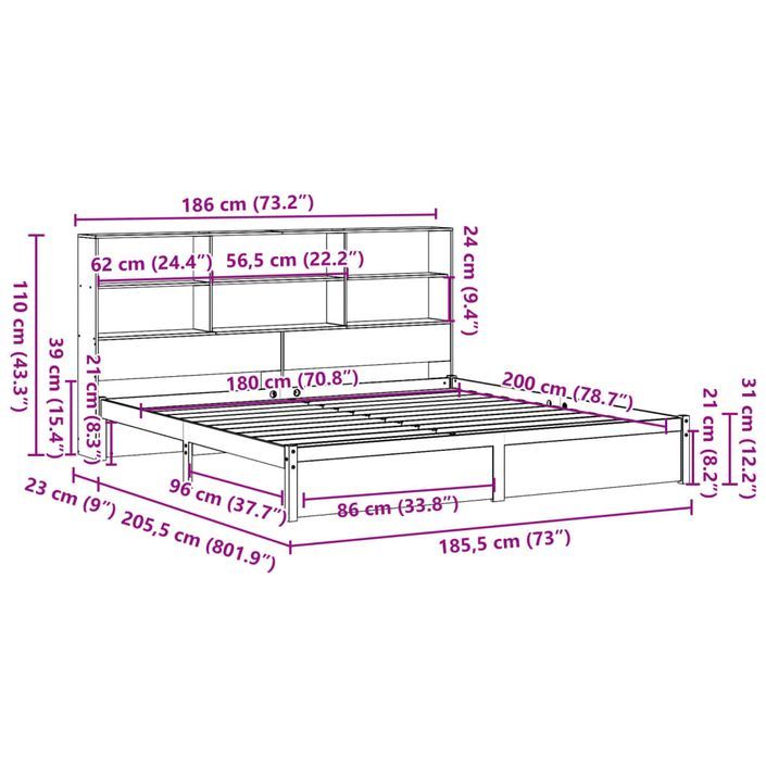 Lit bibliothèque sans matelas 180x200 cm bois massif de pin - Photo n°11