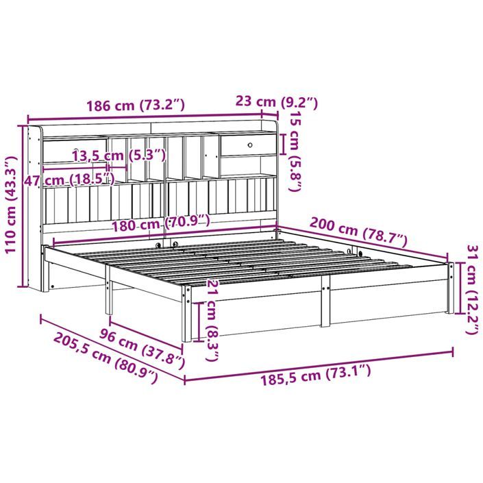 Lit bibliothèque sans matelas 180x200 cm bois massif de pin - Photo n°11