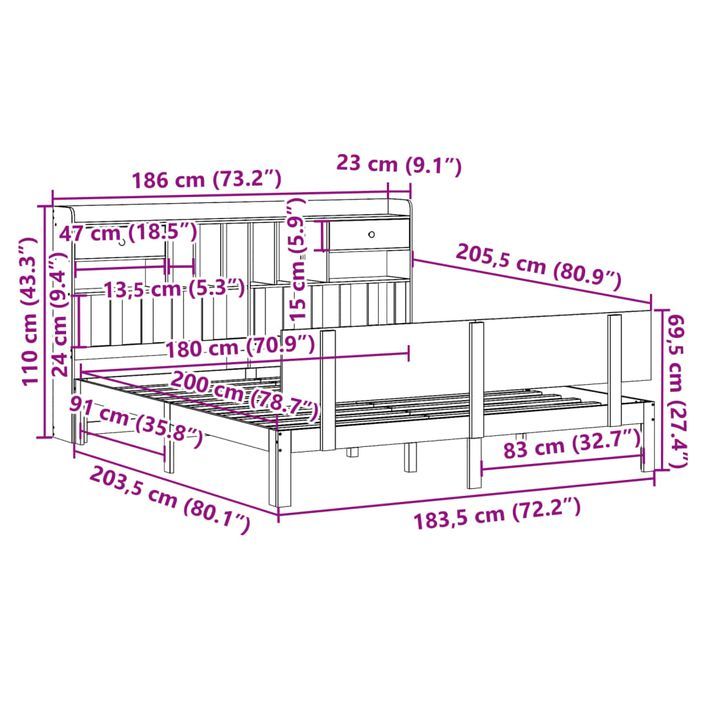 Lit bibliothèque sans matelas 180x200 cm bois massif de pin - Photo n°11