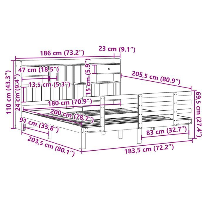 Lit bibliothèque sans matelas 180x200 cm bois massif de pin - Photo n°11