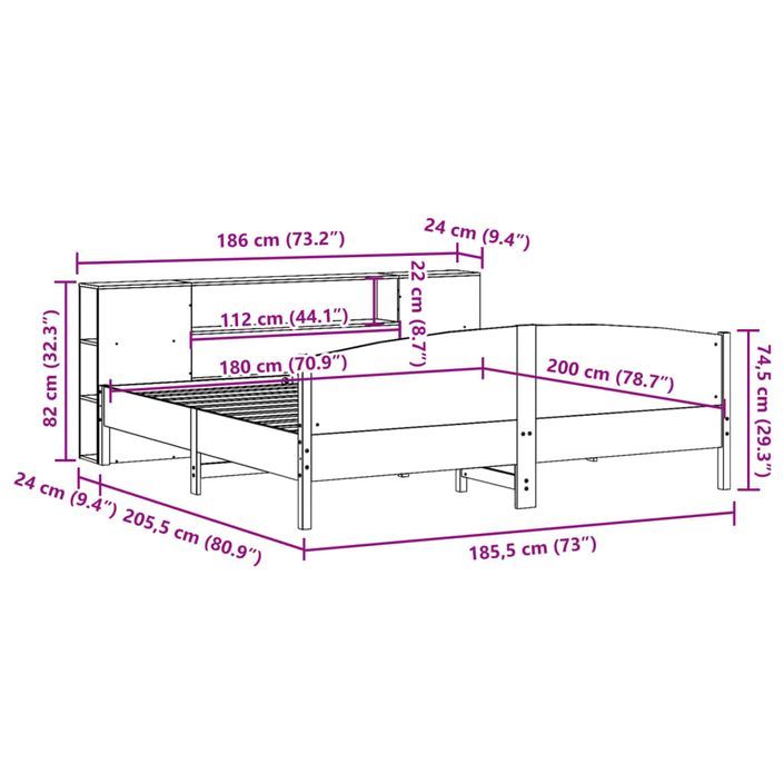 Lit bibliothèque sans matelas 180x200 cm bois massif de pin - Photo n°12