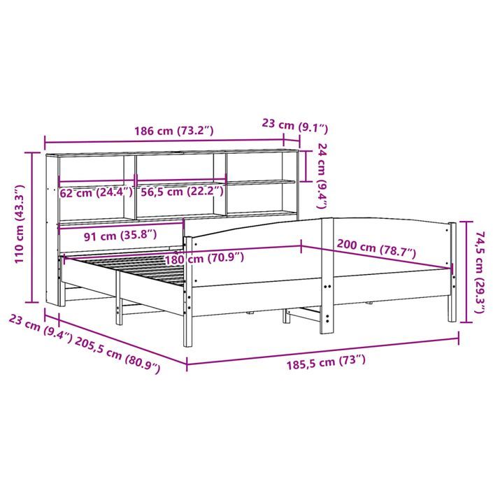 Lit bibliothèque sans matelas 180x200 cm bois massif de pin - Photo n°12