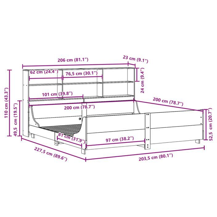 Lit bibliothèque sans matelas 200x200 cm bois massif - Photo n°12