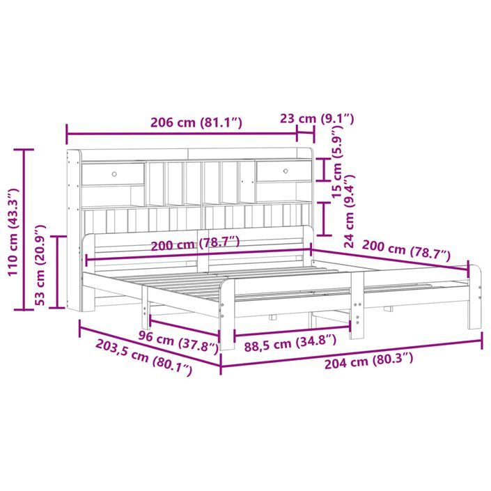 Lit bibliothèque sans matelas 200x200 cm bois massif de pin - Photo n°11