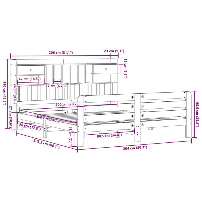 Lit bibliothèque sans matelas 200x200 cm bois massif de pin - Photo n°11