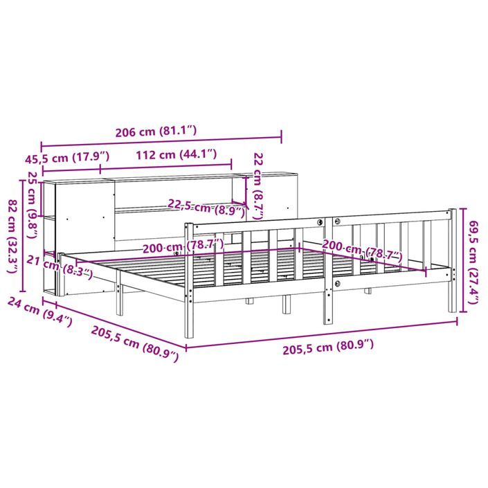 Lit bibliothèque sans matelas 200x200 cm bois massif de pin - Photo n°11