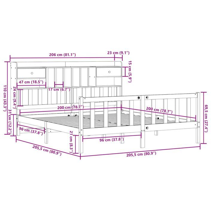 Lit bibliothèque sans matelas 200x200 cm bois massif de pin - Photo n°11