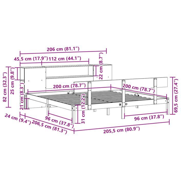 Lit bibliothèque sans matelas 200x200 cm bois massif de pin - Photo n°11