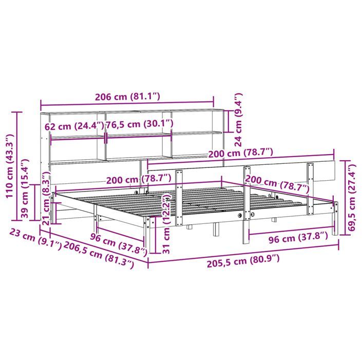 Lit bibliothèque sans matelas 200x200 cm bois massif de pin - Photo n°11