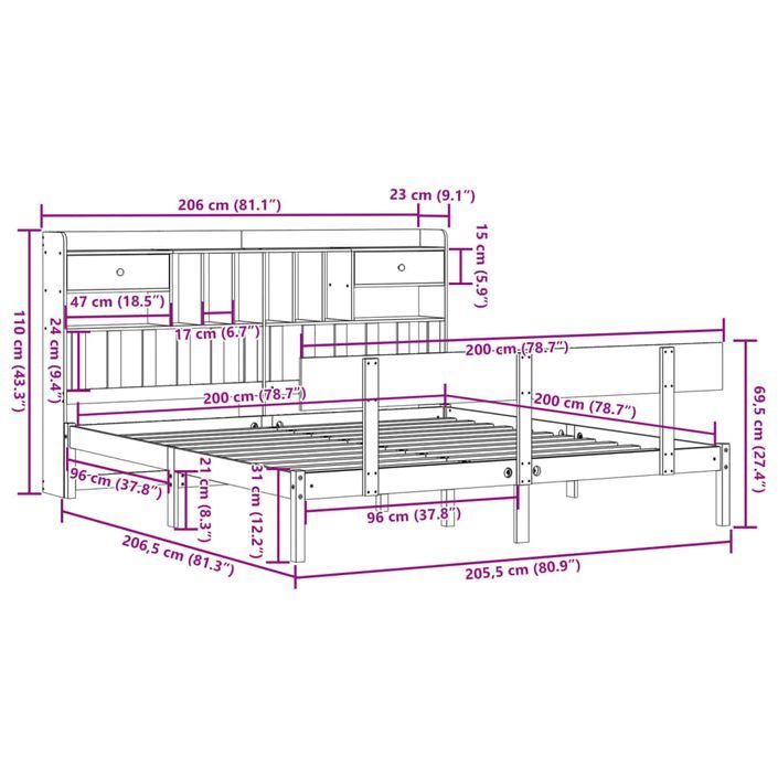 Lit bibliothèque sans matelas 200x200 cm bois massif de pin - Photo n°11