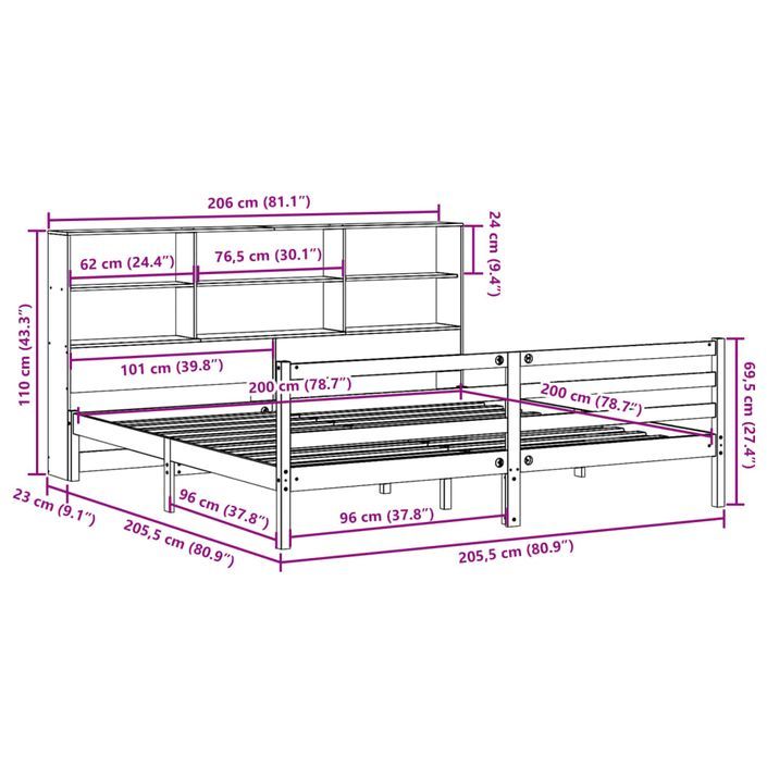 Lit bibliothèque sans matelas 200x200 cm bois massif de pin - Photo n°11