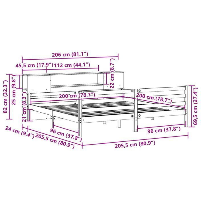 Lit bibliothèque sans matelas 200x200 cm bois massif de pin - Photo n°11