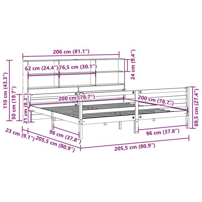 Lit bibliothèque sans matelas 200x200 cm bois massif de pin - Photo n°11