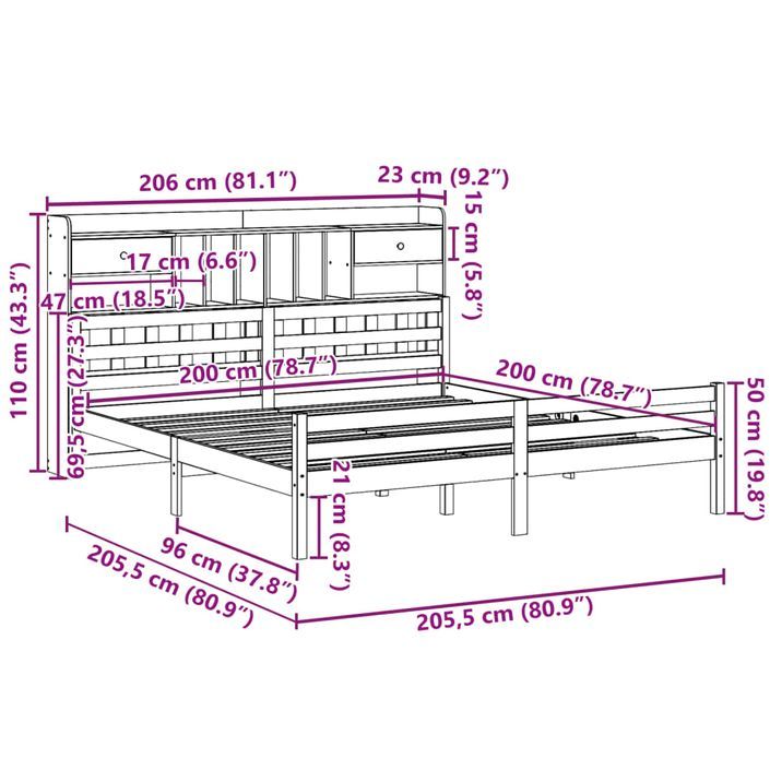 Lit bibliothèque sans matelas 200x200 cm bois massif de pin - Photo n°11