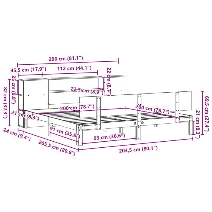 Lit bibliothèque sans matelas 200x200 cm bois massif de pin - Photo n°11