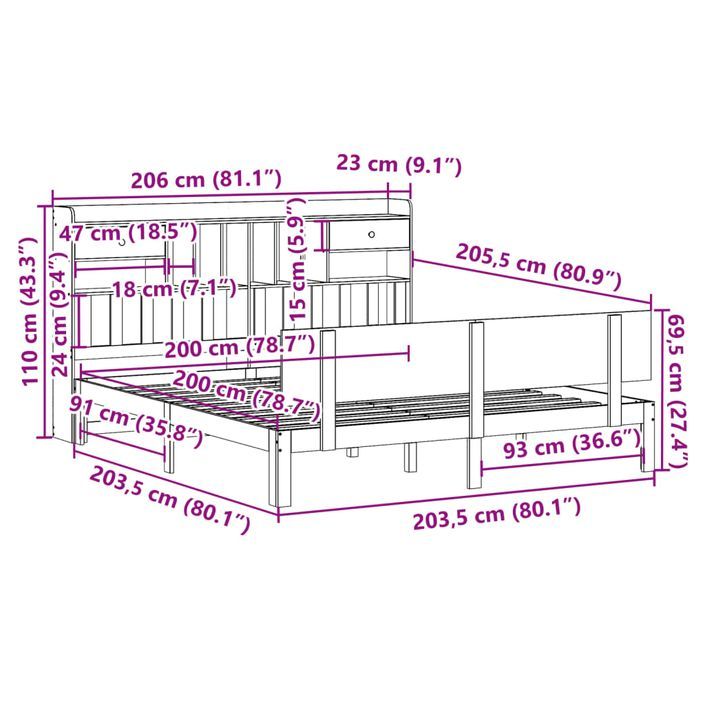 Lit bibliothèque sans matelas 200x200 cm bois massif de pin - Photo n°11